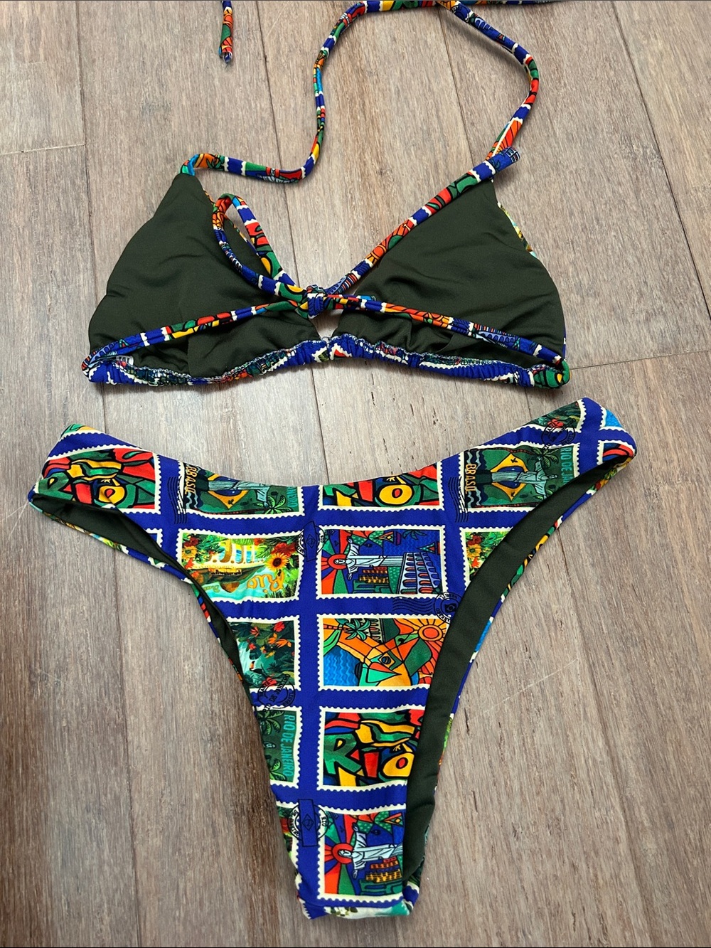 Colorful Patchwork Triangle Bikini Set - Blue Multi - Picture 5 of 11